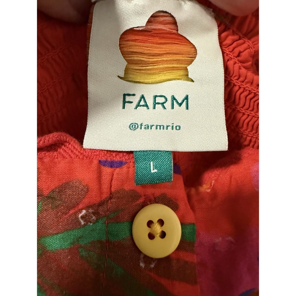Farm Rio Good Vibes Cotton Midi Dress Puff Sleeve Smocked Tropical Resort Boho L - Picture 4 of 15